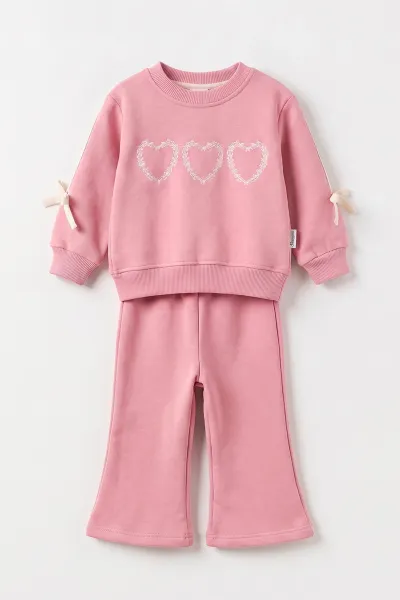 Pembe (6-24 Ay) Kalp Nakışlı 3 İp Şardonlu Kız Bebek Kışlık Takım 497389