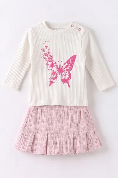 Pembe (6-24 Ay) Kelebek Baskılı Raporlu Badili Etekli Kız Bebek 4'lü Takım 482245
