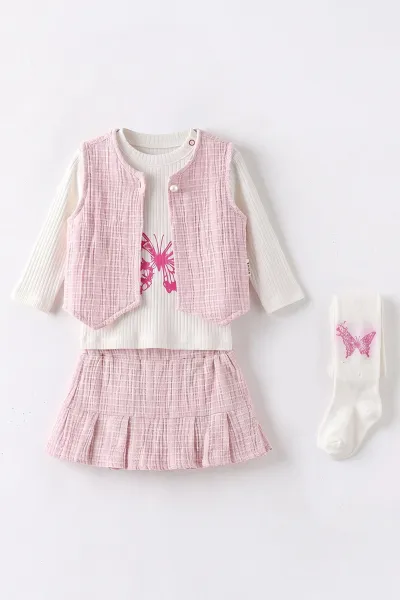 Pembe (6-24 Ay) Kelebek Baskılı Raporlu Badili Etekli Kız Bebek 4'lü Takım 482245
