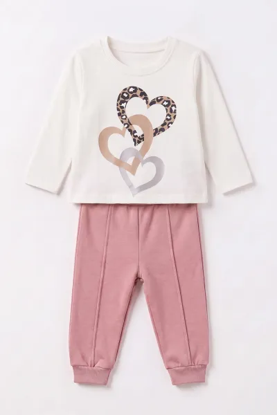 Pembe (6-24 Ay) Leopar Kalp Baskılı Hırkalı 3 İp Şardonlu Kız Bebek 3'lü Takım 497333