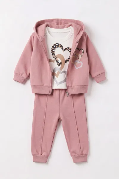 Pembe (6-24 Ay) Leopar Kalp Baskılı Hırkalı 3 İp Şardonlu Kız Bebek 3'lü Takım 497333
