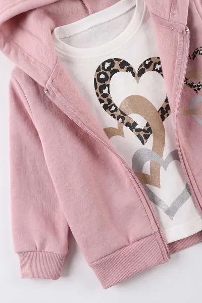Pembe (6-24 Ay) Leopar Kalp Baskılı Hırkalı 3 İp Şardonlu Kız Bebek 3'lü Takım 497333
