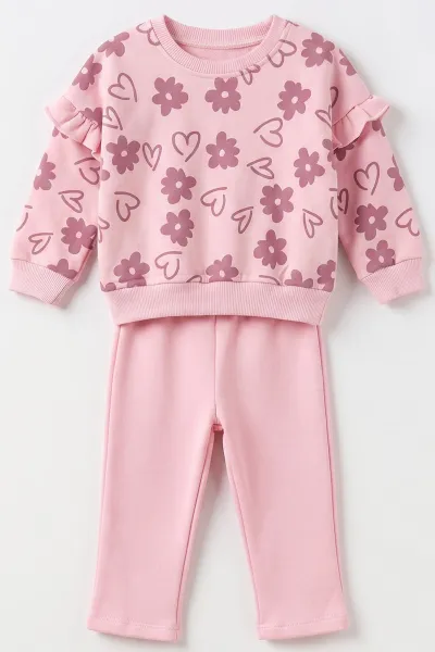 Pembe (6-24 Ay) Lila Kalp Baskılı 3 İp  Şardonlu  Kız Bebek Kışlık Takım 493658