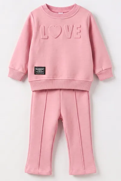 Pembe (6-24 Ay) Love Kabartma Baskılı 3 İp Şardonlu Kız Bebek 2'li Takım 495618