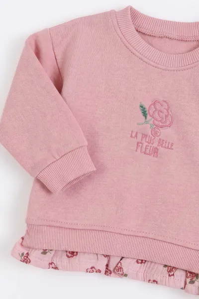 Pembe (6-24 Ay) Müslin Fırfırlı  Gül Nakışlı 3 İp Şardonlu Kız Bebek Kışlık Takım 499710