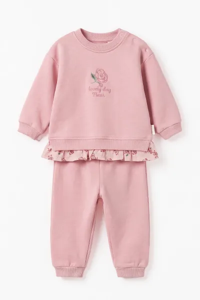 Pembe (6-24 Ay) Müslin Fırfırlı  Gül Nakışlı 3 İp Şardonlu Kız Bebek Kışlık Takım 499710