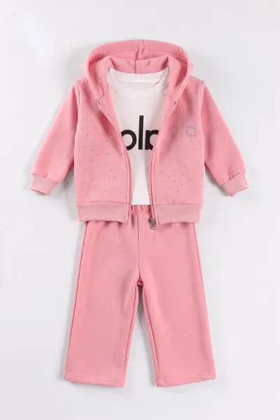 Pembe (6-24 Ay) Ola Taş Baskılı Hırkalı  3 İp Şardonlu Kız Bebek 3'lü Kışlık Takım 499691