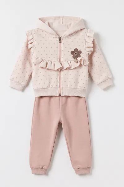 Pembe (6-24 Ay) Papatya Aksesuarlı Kapüşonlu  3 İp Şardonlu Kız Bebek Kışlık Takım 485252