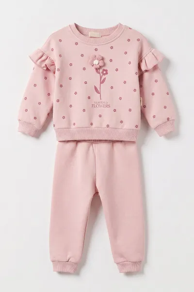 Pembe (6-24 Ay) Papatya Baskılı   Omuzdan Fırfırlı 3 İp Şardonlu Kız Bebek Kışlık Takım 485088