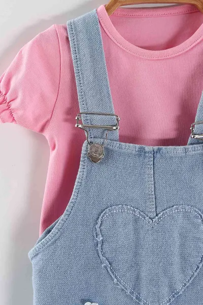 Pembe (6-24 Ay) Papatya Nakışlı   Ayarlanabilir Askılı Tişörtlü  Kot Kız Bebek Elbise  445437
