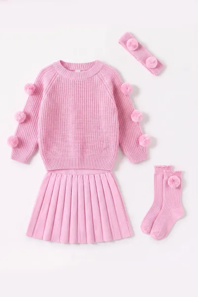 Pembe (6-24 Ay) Ponpon Kazaklı Bandanalı Çoraplı Etekli Kız Bebek Takım 474168