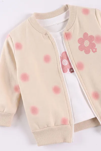 Pembe (6-24 Ay) Puanlı Çiçek Baskılı  Hırkalı 3 İp Şardonlu Kız Bebek 3'lü Takım 497175