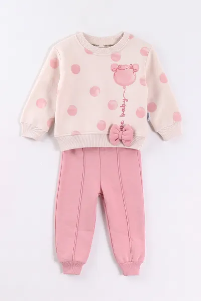 Pembe (6-24 Ay) Puantiye Baskılı Fiyonklu Alt Çimalı 3 İp Şardonlu Kız Bebek Kışlık Takım 497573