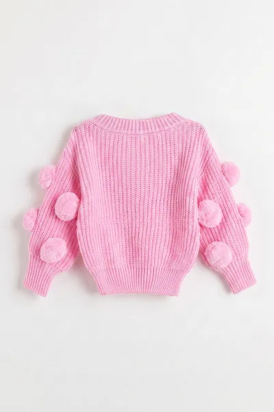 Pembe (6-24 Ay) Selanik Örgülü Oversize Kolları Ponponlu Kız Bebek Triko Kazak 474600