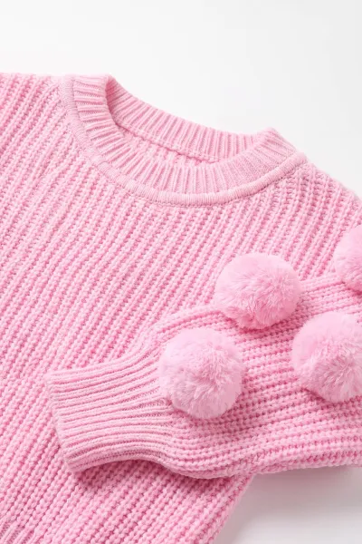 Pembe (6-24 Ay) Selanik Örgülü Oversize Kolları Ponponlu Kız Bebek Triko Kazak 474600