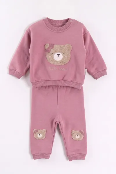 Pembe (6-24 Ay) Sğzene Ayıcık Nakışlı 3 İp Şardonlu Kız Bebek Kışlık Takım 499772