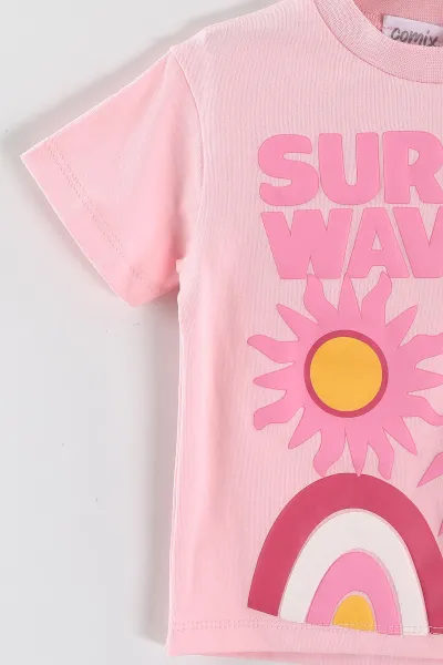 Pembe (6-24 Ay)  Surf Waves Kabartma Baskılı Tişörtlü  Şortlu Kız Bebek Yazlık Takım 440301