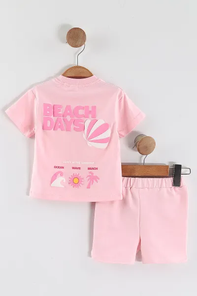 Pembe (6-24 Ay)  Surf Waves Kabartma Baskılı Tişörtlü  Şortlu Kız Bebek Yazlık Takım 440301