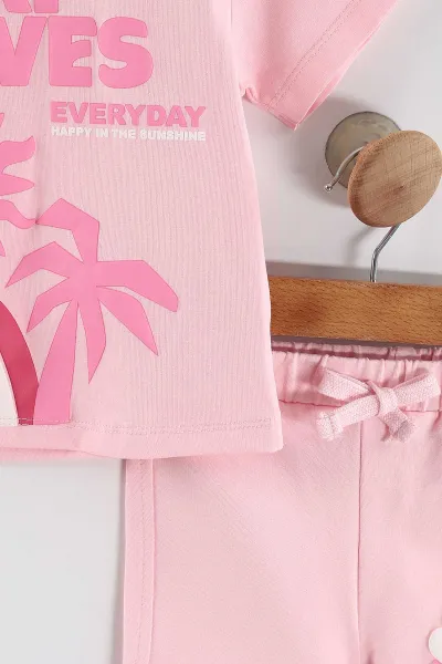Pembe (6-24 Ay)  Surf Waves Kabartma Baskılı Tişörtlü  Şortlu Kız Bebek Yazlık Takım 440301