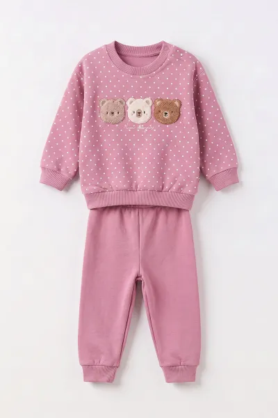 Pembe (6-24 Ay) Süzene Ayıcık Nakışlı  3 İp Şardonlu Kız Bebek 2'li Takım 499441