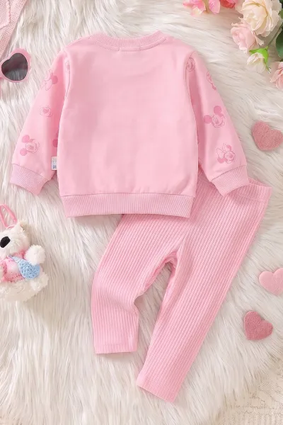 Pembe (6-24 Ay) Süzene Karakter Nakışlı  Sweat ve Fitilli   Taytlı   Kız Bebek 2'li  Takım 472661