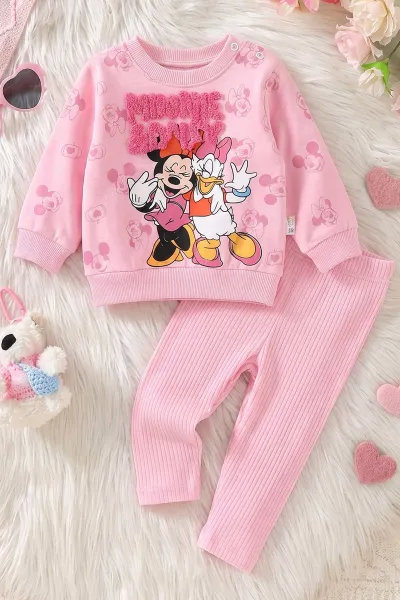 Pembe (6-24 Ay) Süzene Karakter Nakışlı  Sweat ve Fitilli   Taytlı   Kız Bebek 2'li  Takım 472661