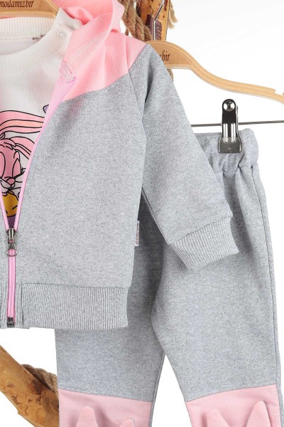 Pembe (6-24 Ay) Tavşan Havuç Nakışlı Üçlü Kız Takım 143594