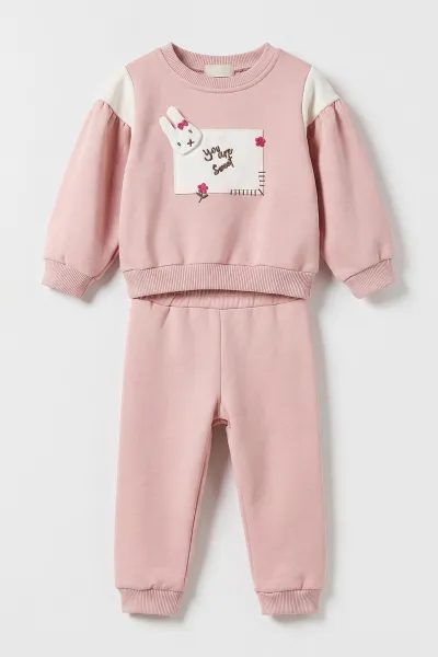 Pembe (6-24 Ay) Tavşan Nakışlı  3 İp Şardonlu Kız Bebek Kışlık Takım 485097