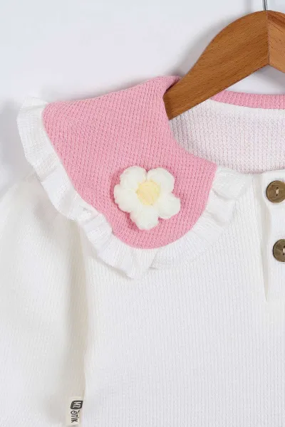 Pembe (6-24 Ay) Waffle Kumaş Yaka Papatya Figürlü Bandana  Figürlü Kız Bebek Takım 339626