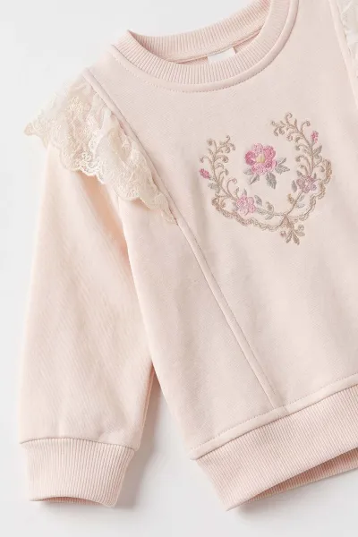 Pembe (6-24 Ay) Yaka Dantelli Çiçek Nakışlı Şardonlu Kız Bebek Takım 493654