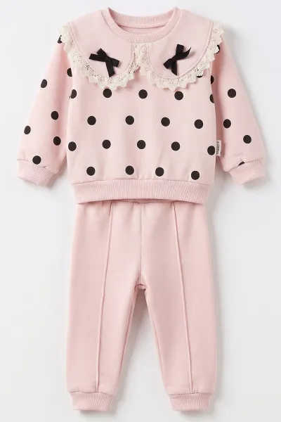 Pembe 6-24 Ay) Yaka Fiyonklu Puantiyeli İçi Şardonlu Kız Bebek Takım 493507