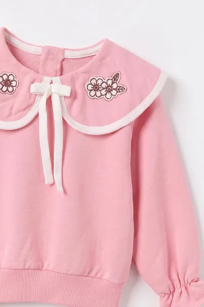 Pembe (6-24 Ay) Yakası Çiçek Nakışlı  2 İp Kız Bebek Takım  499778