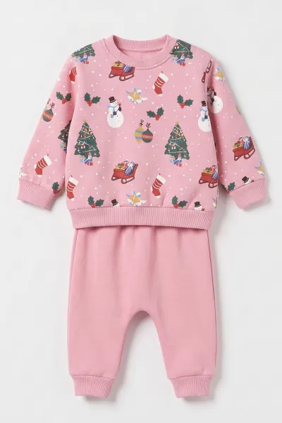 Pembe (6-24 Ay) Yılbaşı Tasarımlı 3 iplik Şardonlu Kız Bebek İkili Takım 495765
