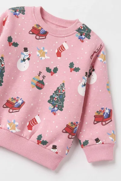 Pembe (6-24 Ay) Yılbaşı Tasarımlı 3 iplik Şardonlu Kız Bebek İkili Takım 495765