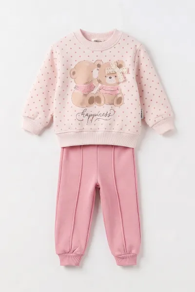 Pembe (6-24 Ay)Ayıcık Baskılı Alt Çimalı İçi Şardonlu Kız Bebek Kışlık Takım 495712