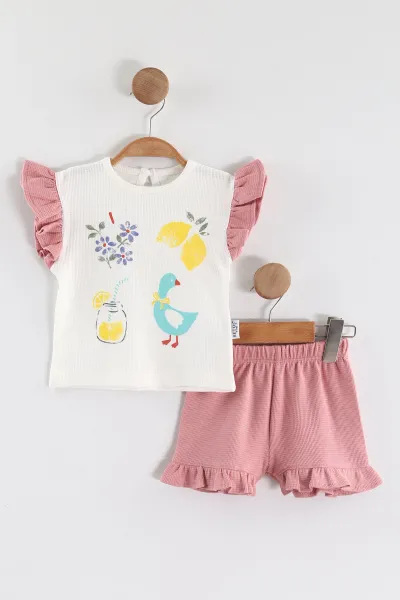 Pembe (6-24 Ay)Baskılı Koldan Fırfırlı Waffle  Kız Bebek  Yazlık Takım 440528