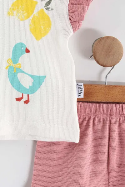 Pembe (6-24 Ay)Baskılı Koldan Fırfırlı Waffle  Kız Bebek  Yazlık Takım 440528