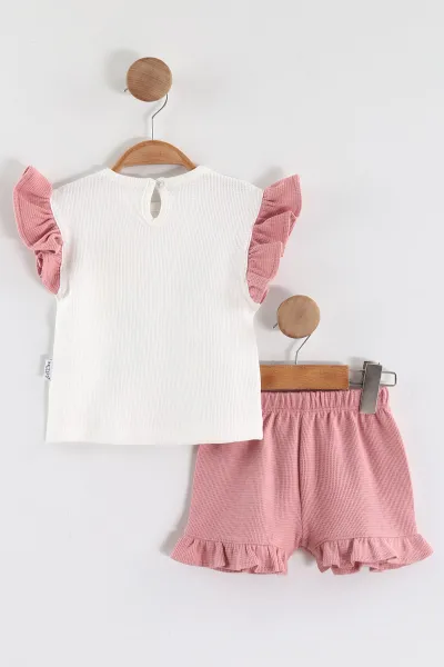 Pembe (6-24 Ay)Baskılı Koldan Fırfırlı Waffle  Kız Bebek  Yazlık Takım 440528