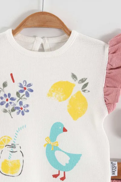 Pembe (6-24 Ay)Baskılı Koldan Fırfırlı Waffle  Kız Bebek  Yazlık Takım 440528