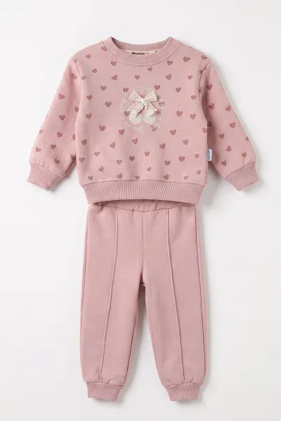 Pembe (6-24 Ay)Kalp ve Kiraz Baskılı  3 İp Şardonlu Kız Bebek Kışlık Takım 482632