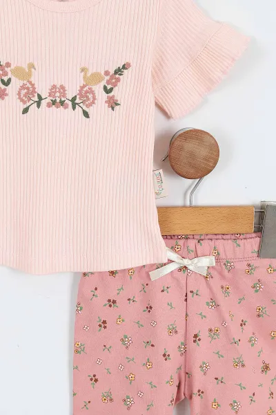 Pembe (6-24 Ay)Nakışlı Çiçek Baskılı Şortlu Kız Bebek Takım 357064