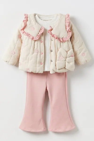 Pembe (6-24 Ay)Nakışlı İçi Peluş Montlu Kız Bebek 3'lü Takım 482583