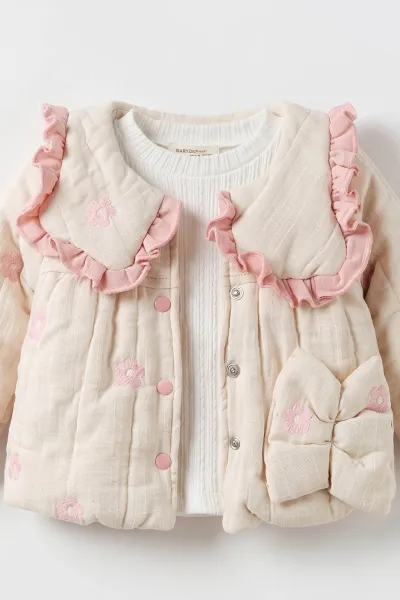 Pembe (6-24 Ay)Nakışlı İçi Peluş Montlu Kız Bebek 3'lü Takım 482583