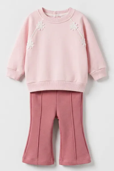 Pembe (6-24 Ay)Papatya Nakışlı İspanyol Paça Alt 3 İp Şardonlu Kız Bebek Kışlık Takım 501187