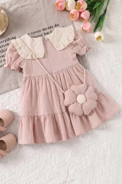 Pembe (6-24 Ay)Yakası Nakışlı Fistolu Müslin Kız Bebek Elbise 467274