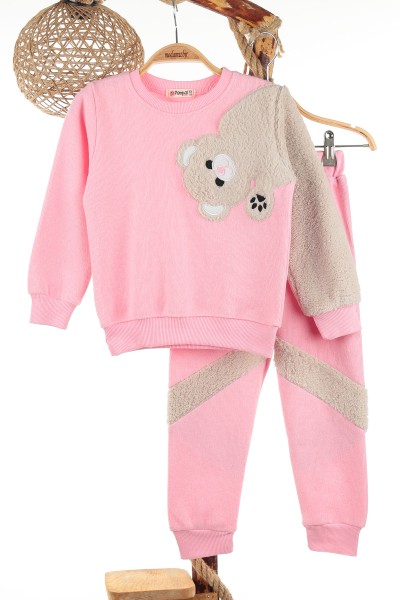 Pembe (6-9 Yaş) Ayı Nakışlı Selanik Kumaş Kız Çocuk Takım 144365