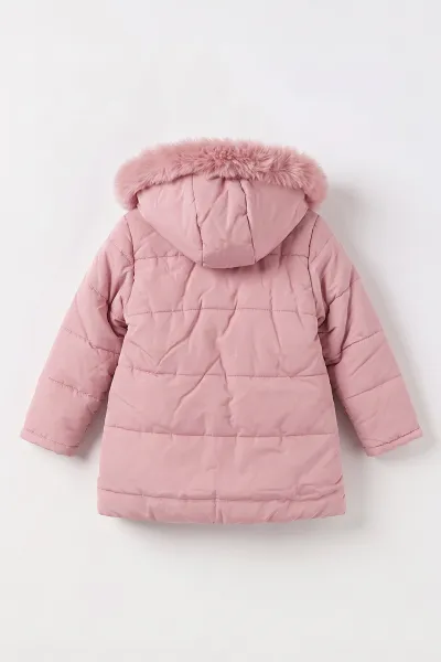 Pembe (6-9  Yaş) Cebi ve Kapüşonu Kürklü Şişme Kız Çocuk Mont 496622