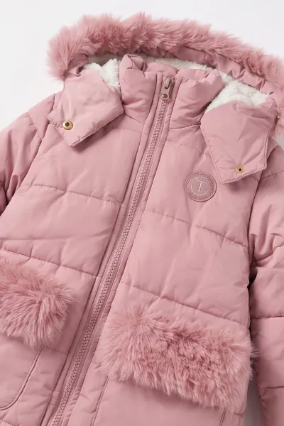 Pembe (6-9  Yaş) Cebi ve Kapüşonu Kürklü Şişme Kız Çocuk Mont 496622