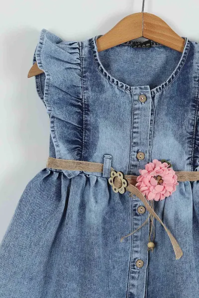 Pembe (6-9 Yaş) Fırfırlı Çantalı Kız Çocuk Kot Elbise 258656