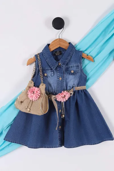 Pembe (6-9 Yaş) Hasır Kemerli Çantalı Kız Çocuk Kot Elbise 265229